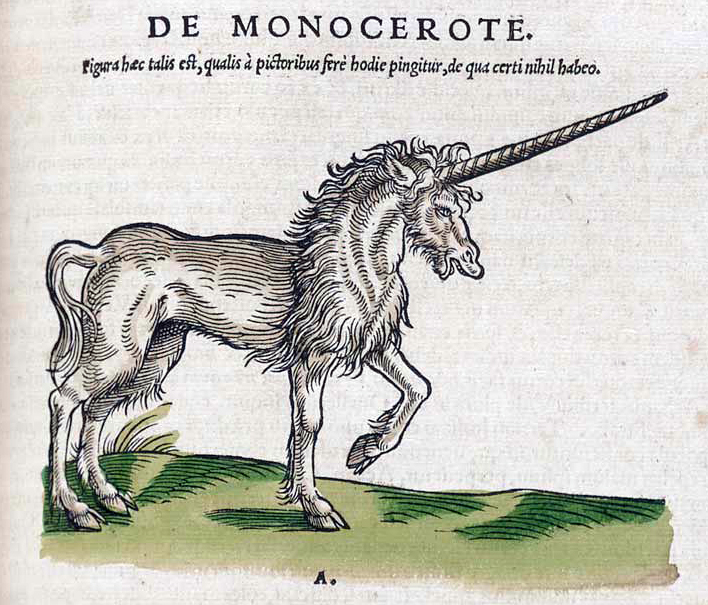 Houtsnede van de eenhoorn in Historiae animalium (1551).
